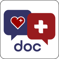 Direct Health Doc Icon. 2 Chat bubbles with a healing heart and medical cross. The word "doc" sits below.