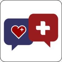 Direct Health App Icon. 2 Chat bubbles with a healing heart and medical cross.