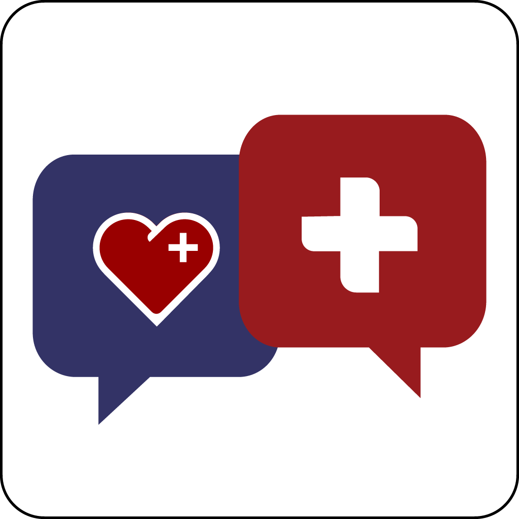 Direct Health App Icon. 2 Chat bubbles with a healing heart and medical cross.